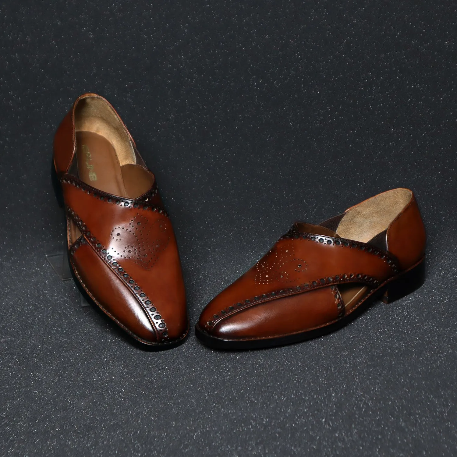 Men's Peshawaris With Handcrafted Brogue Design Cognac Leather
