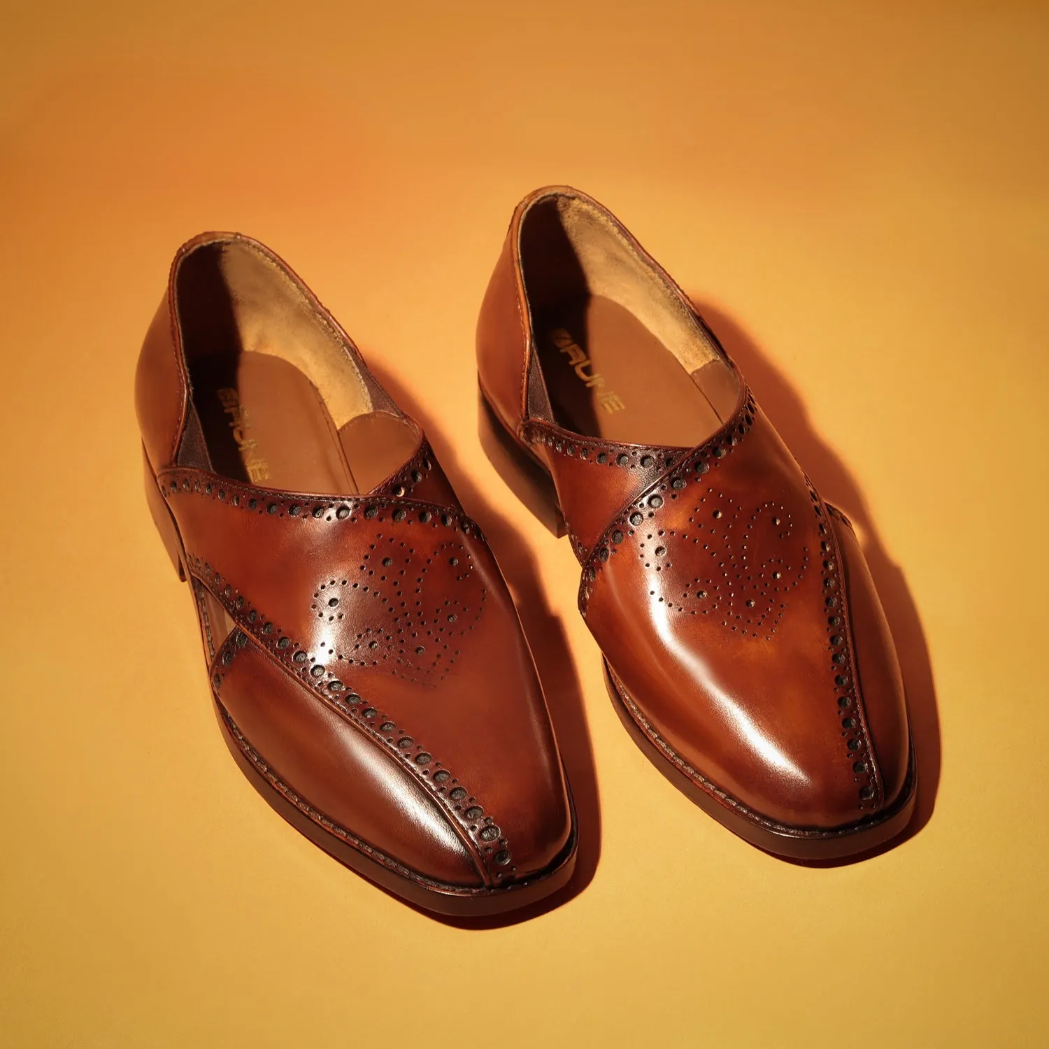 Men's Peshawaris With Handcrafted Brogue Design Cognac Leather