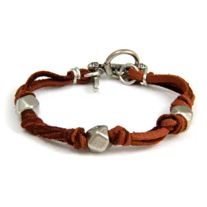 Mens Silver Triple Beaded Rust Deerskin Leather Bracelet
