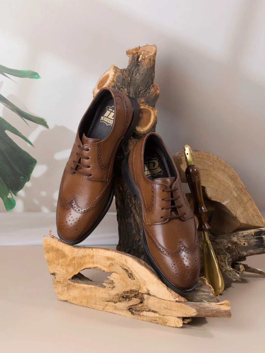 Men's Tan Round Toe Lace Up Brogue (ID6113)