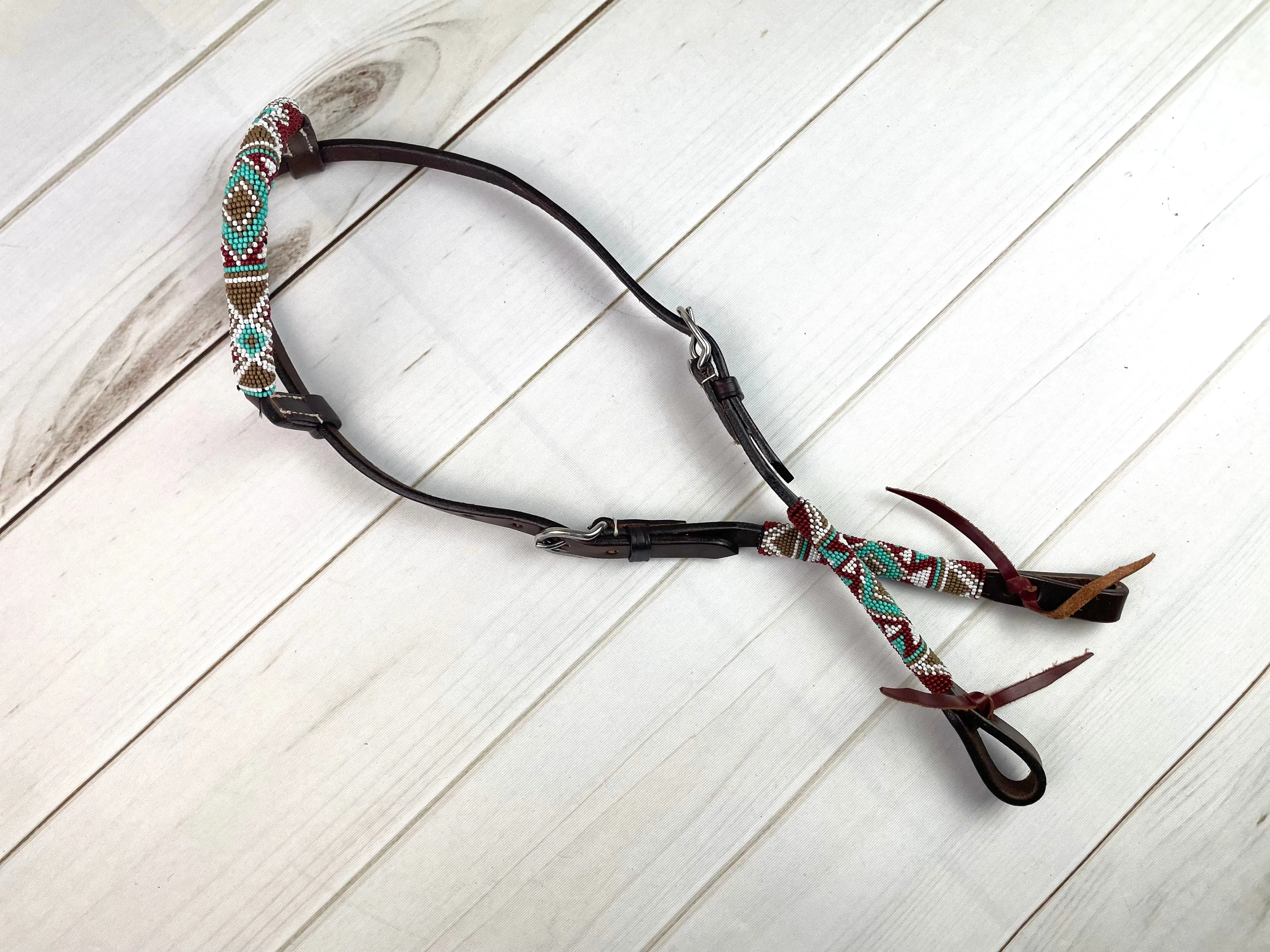 Mint Bronze Beaded One Ear Leather Headstall