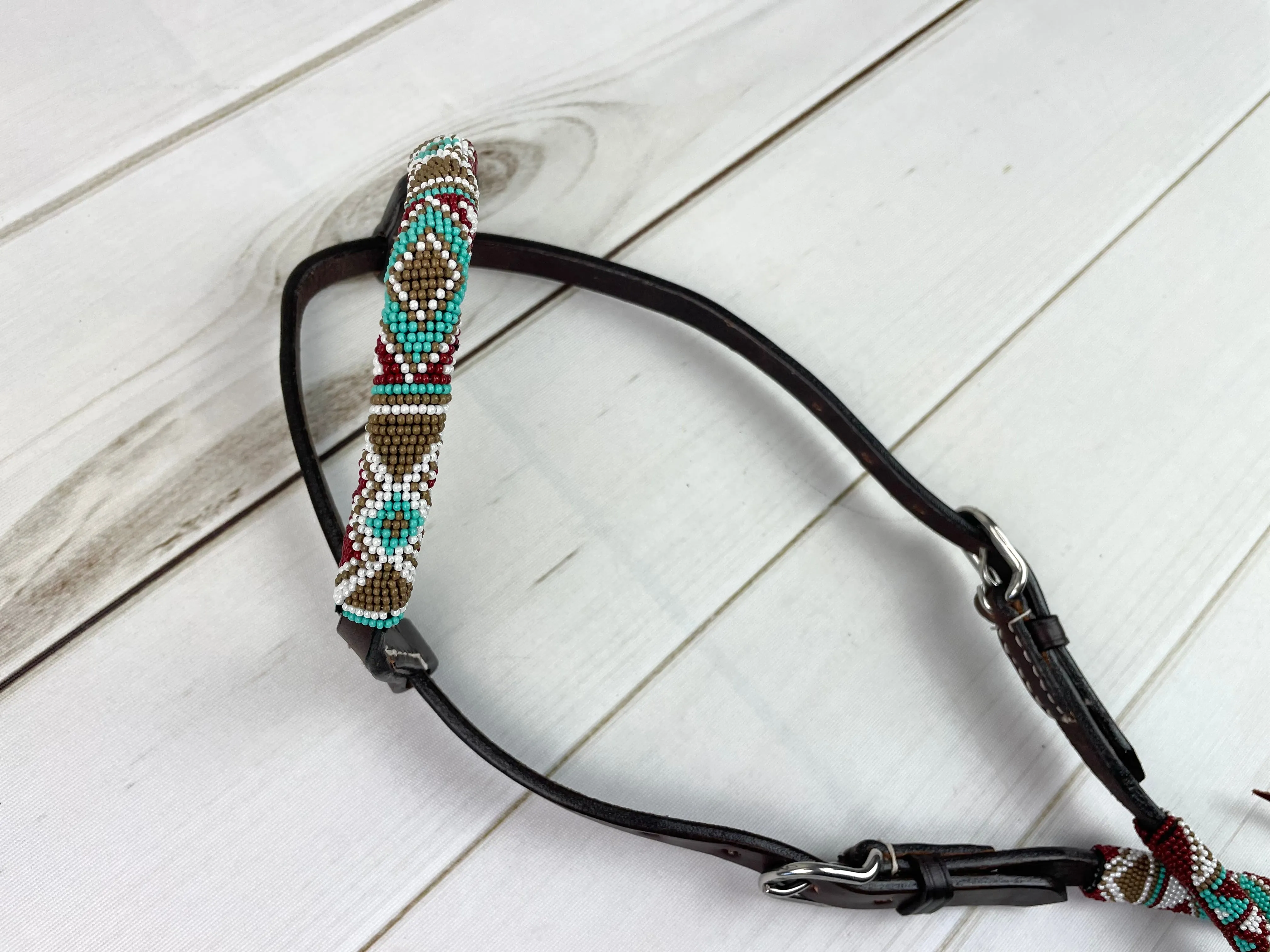 Mint Bronze Beaded One Ear Leather Headstall