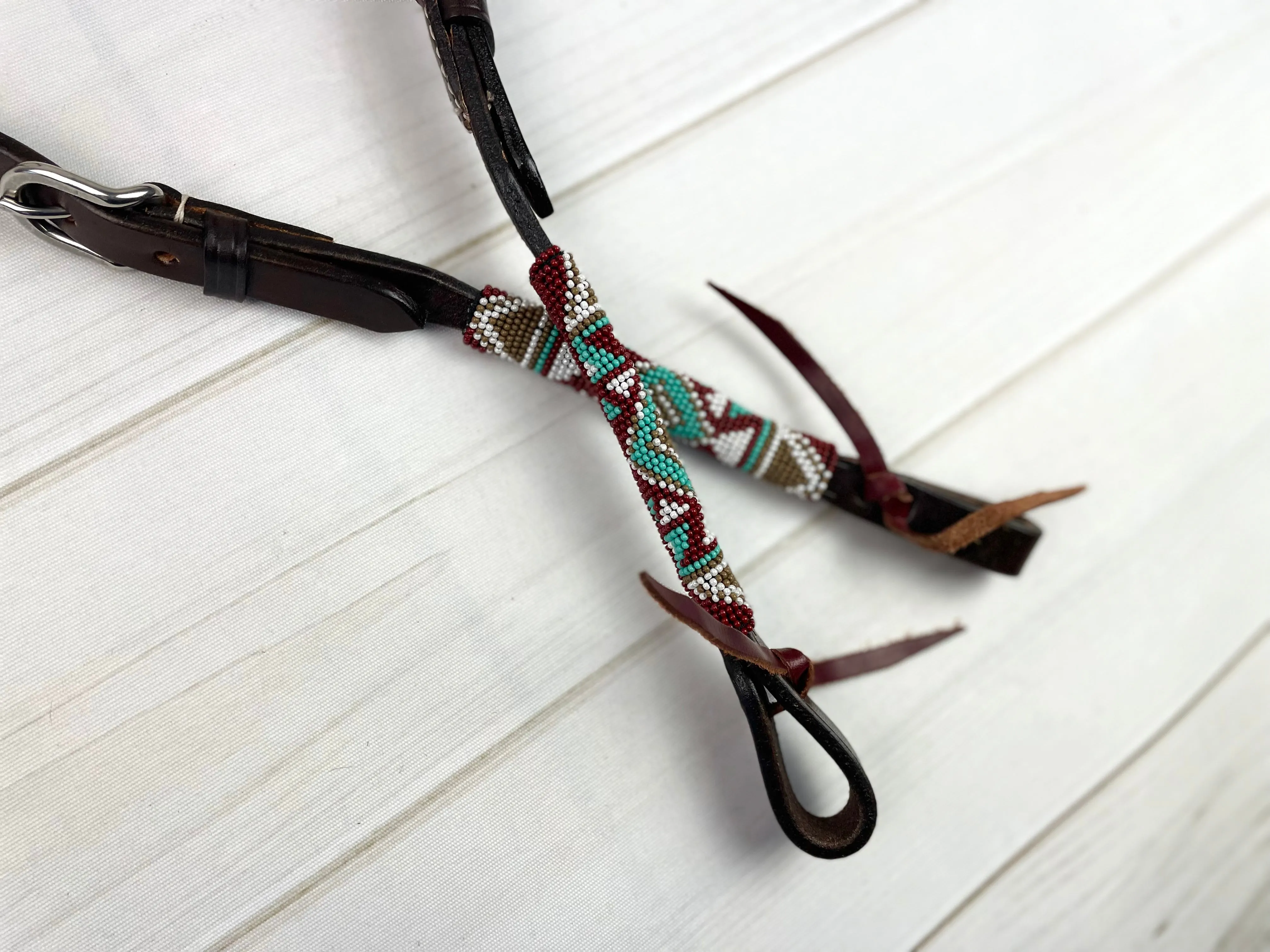 Mint Bronze Beaded One Ear Leather Headstall