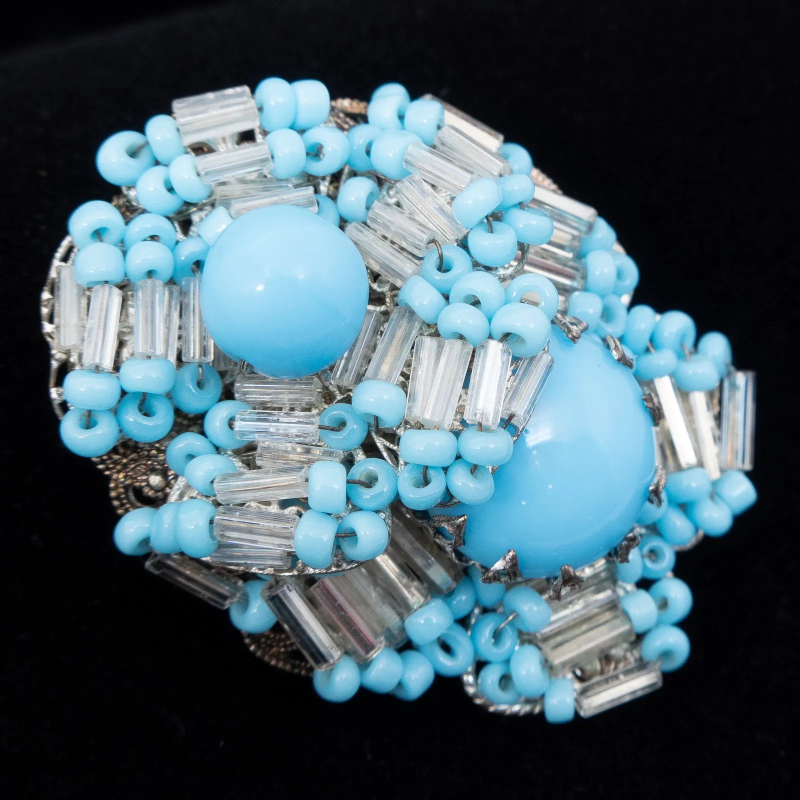 Miriam Haskell Blue Beaded Flower Brooch