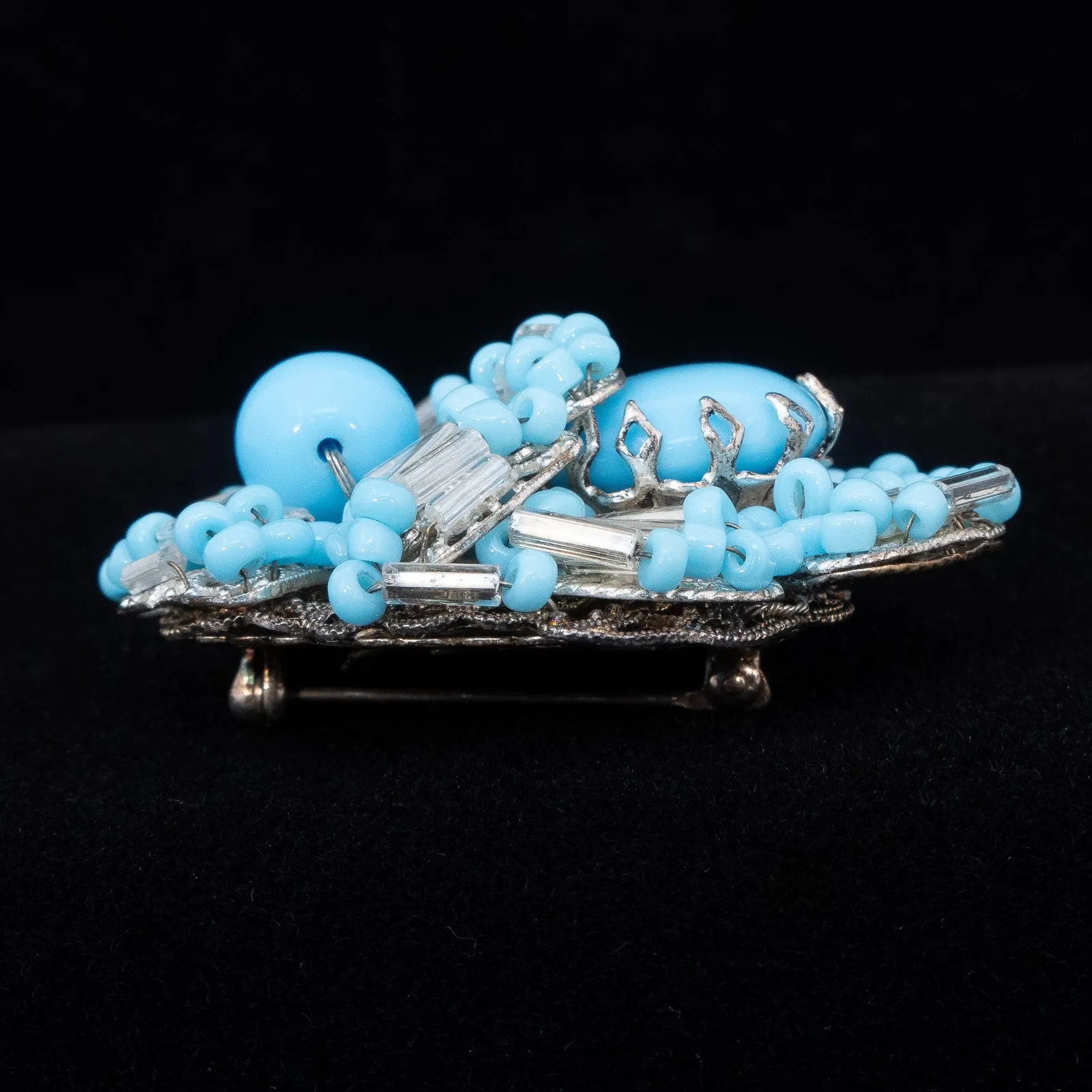 Miriam Haskell Blue Beaded Flower Brooch