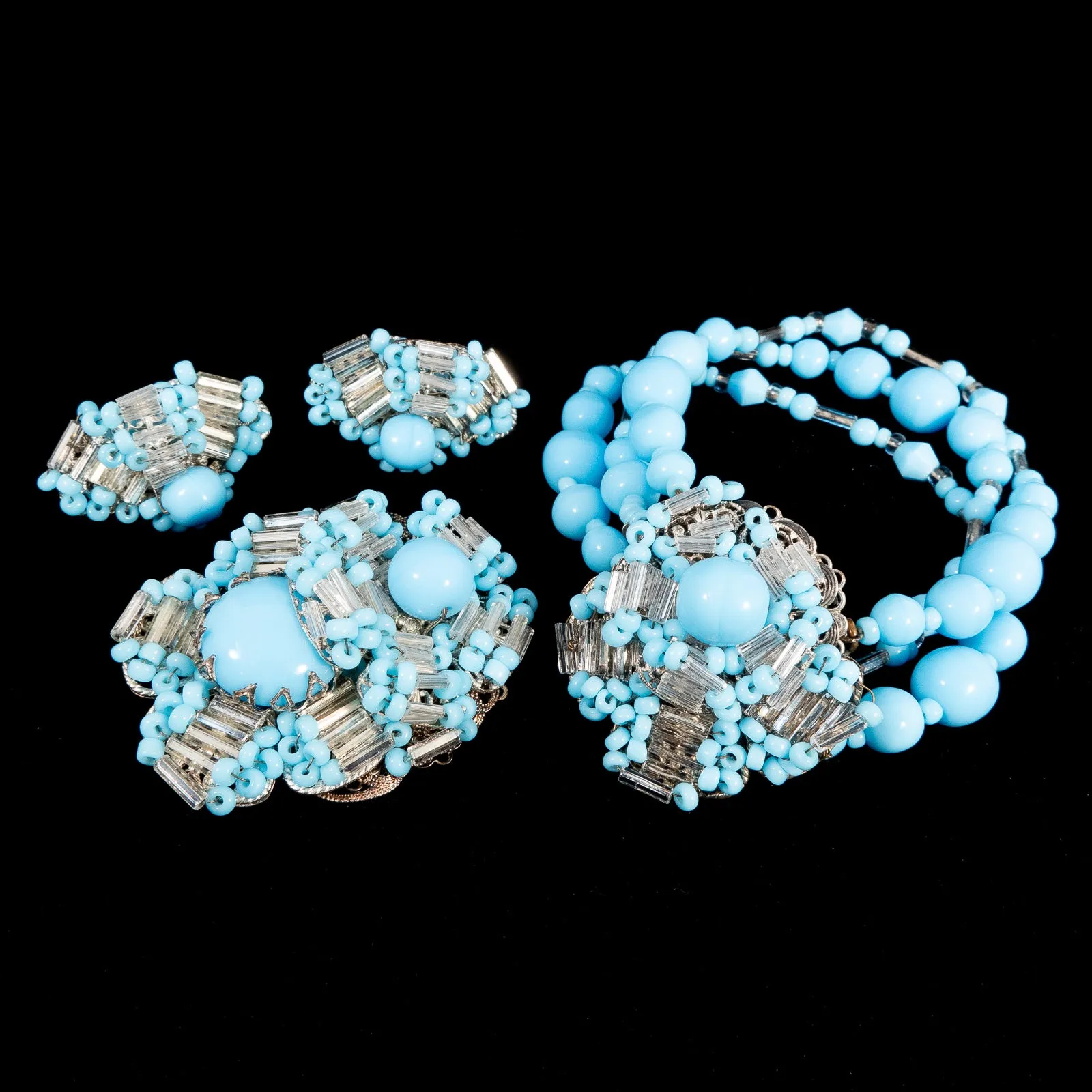 Miriam Haskell Blue Beaded Flower Brooch