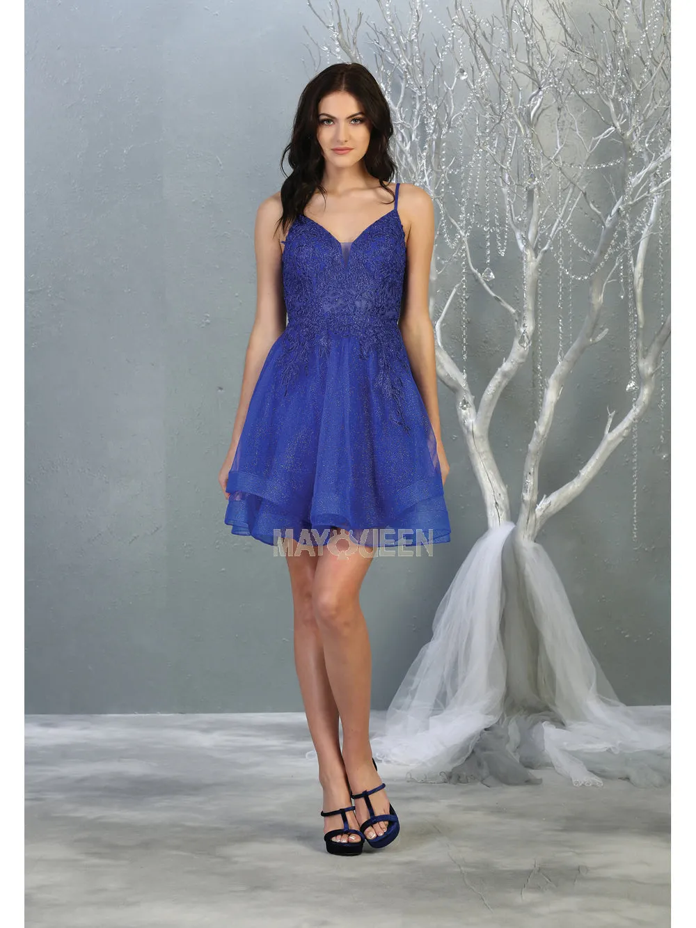MQ 1816 - Beaded Lace Embroidered A-Line Homecoming Dress with V-Neck Open Back & Tulle Skirt