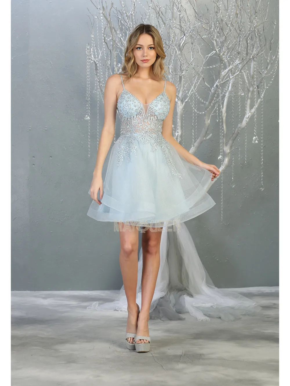 MQ 1816 - Beaded Lace Embroidered A-Line Homecoming Dress with V-Neck Open Back & Tulle Skirt