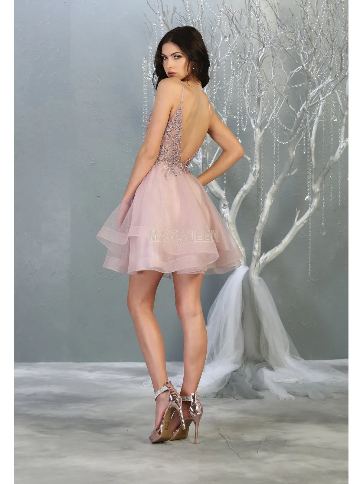 MQ 1816 - Beaded Lace Embroidered A-Line Homecoming Dress with V-Neck Open Back & Tulle Skirt