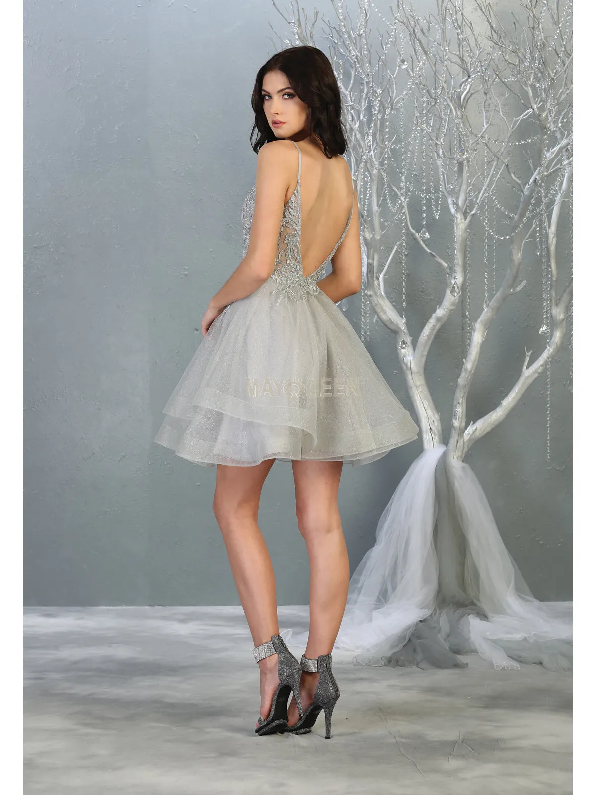 MQ 1816 - Beaded Lace Embroidered A-Line Homecoming Dress with V-Neck Open Back & Tulle Skirt