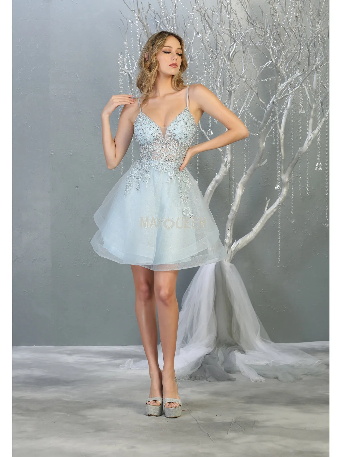 MQ 1816 - Beaded Lace Embroidered A-Line Homecoming Dress with V-Neck Open Back & Tulle Skirt