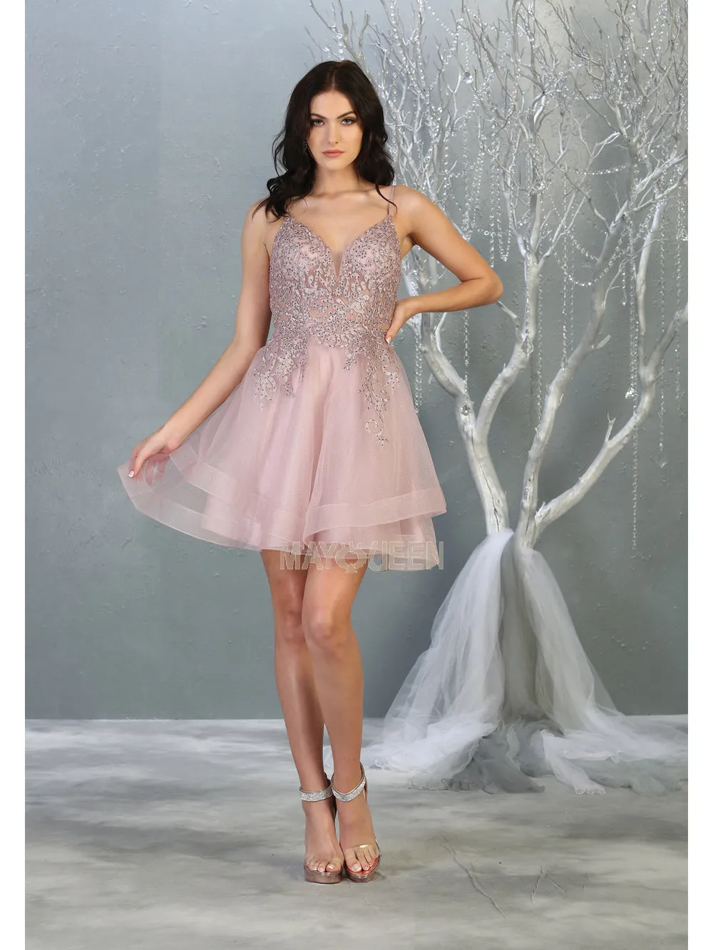 MQ 1816 - Beaded Lace Embroidered A-Line Homecoming Dress with V-Neck Open Back & Tulle Skirt
