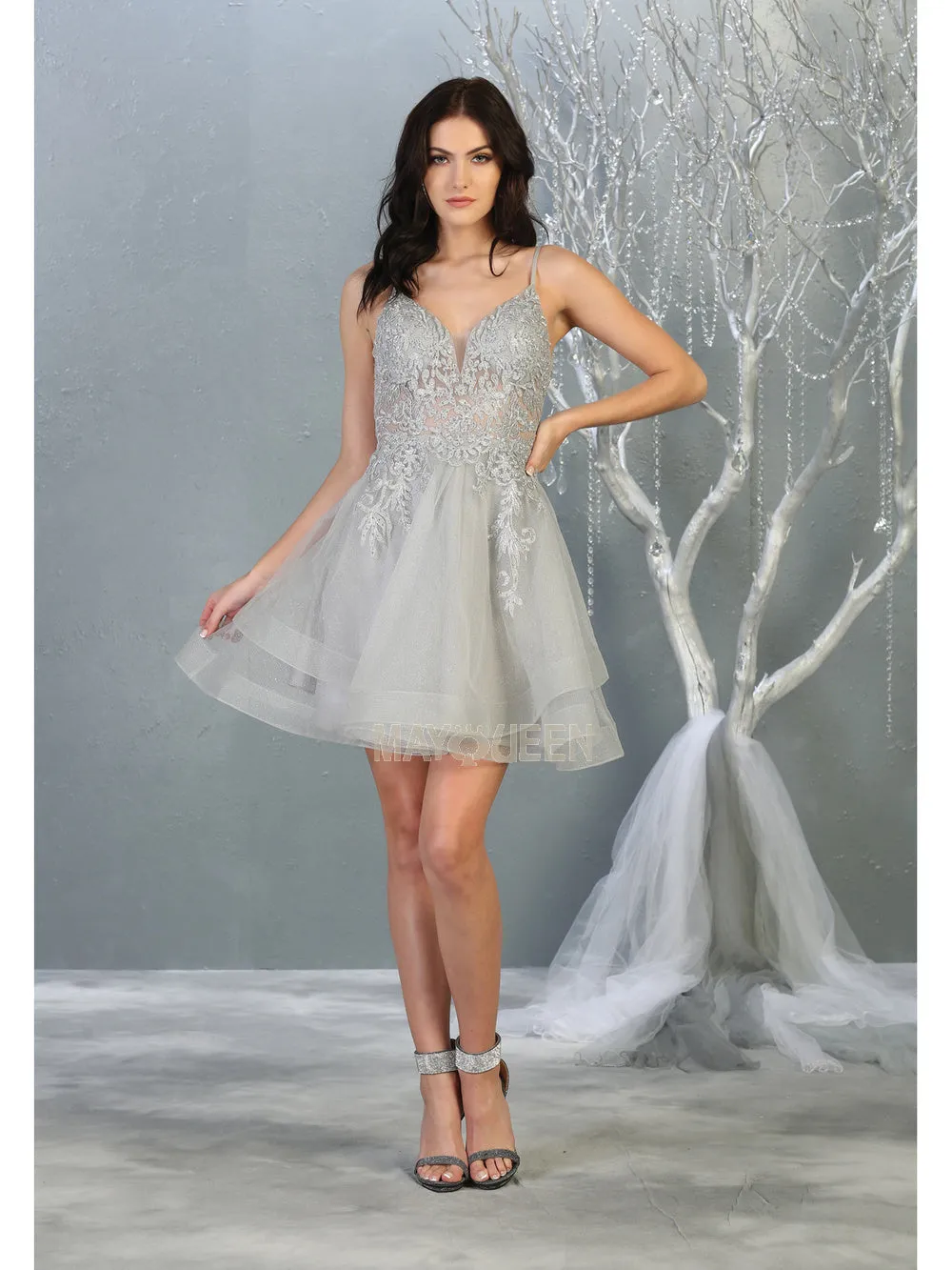 MQ 1816 - Beaded Lace Embroidered A-Line Homecoming Dress with V-Neck Open Back & Tulle Skirt