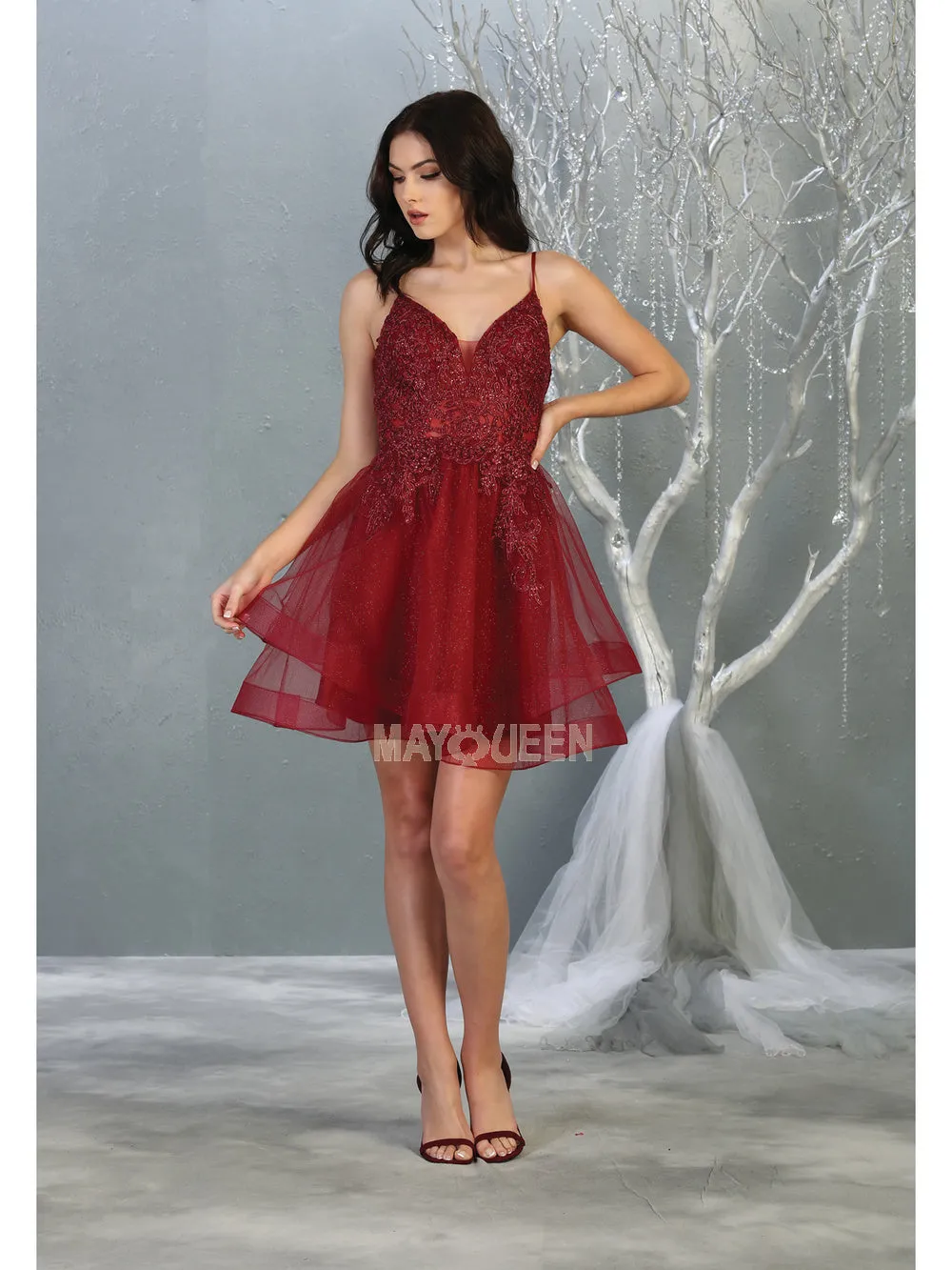 MQ 1816 - Beaded Lace Embroidered A-Line Homecoming Dress with V-Neck Open Back & Tulle Skirt