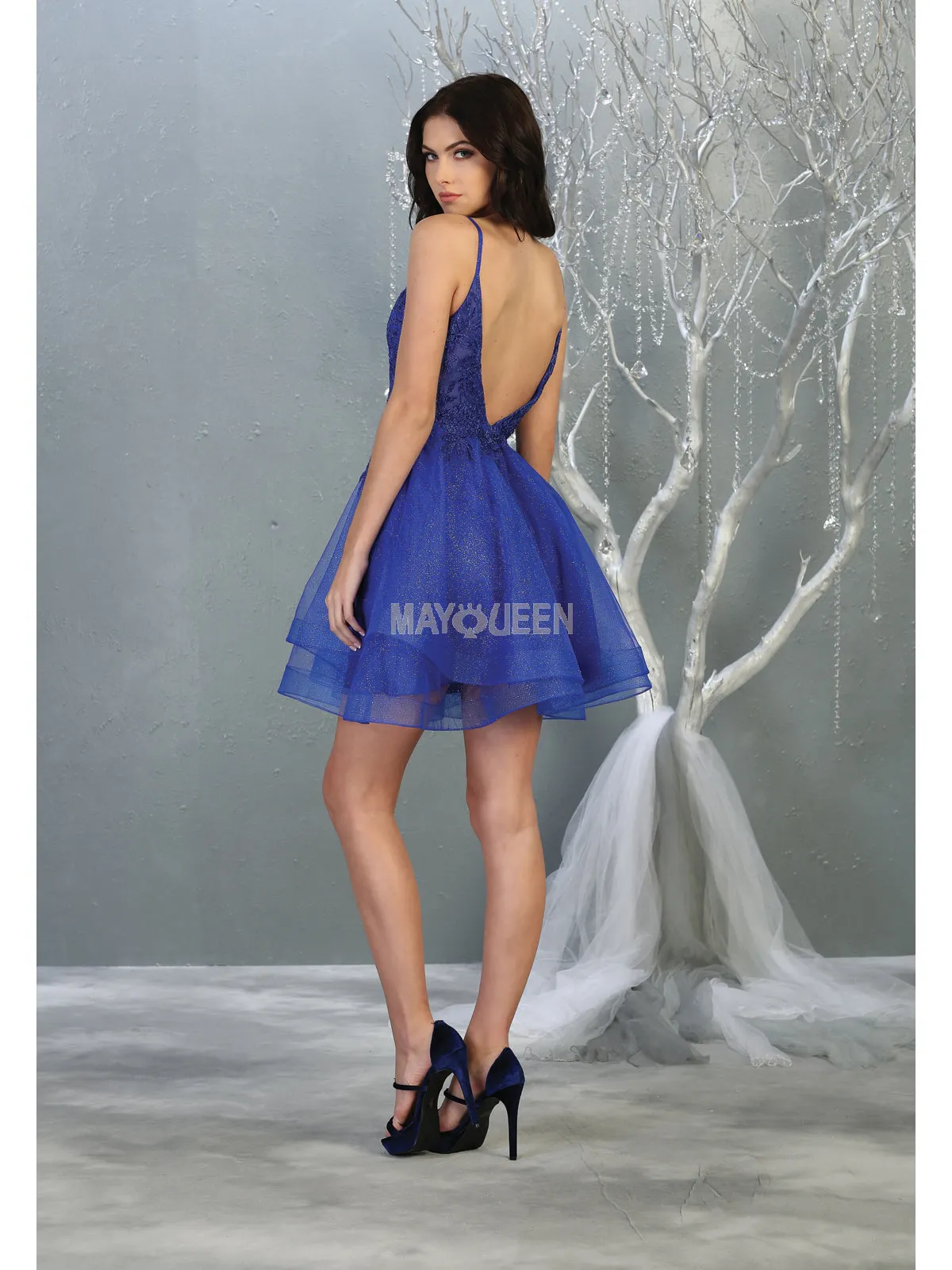 MQ 1816 - Beaded Lace Embroidered A-Line Homecoming Dress with V-Neck Open Back & Tulle Skirt