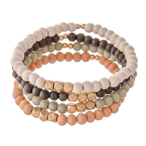 Multi Wood Beaded Stretch Bracelet Set Featuring Gold Accents.  - 4pcs/set