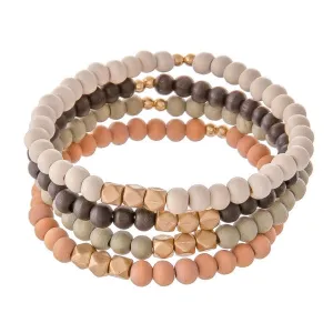 Multi Wood Beaded Stretch Bracelet Set Featuring Gold Accents.  - 4pcs/set