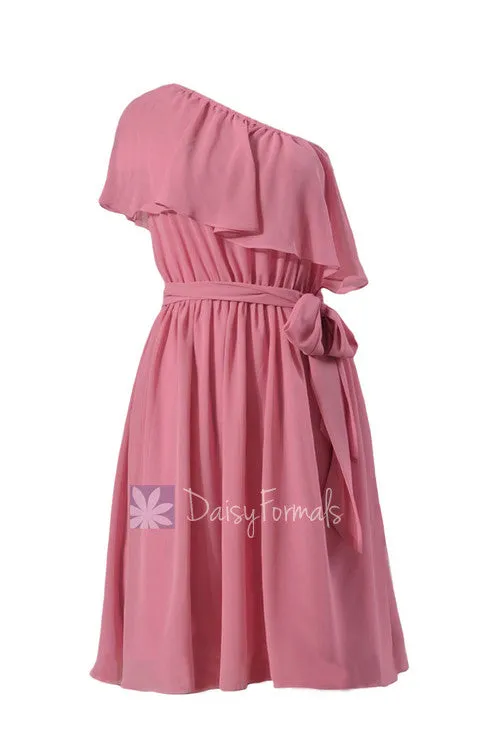 Mute Pink One Shoulder Chiffon Bridesmaid Dress Asymmetric Rose Party Dress (BM1362)