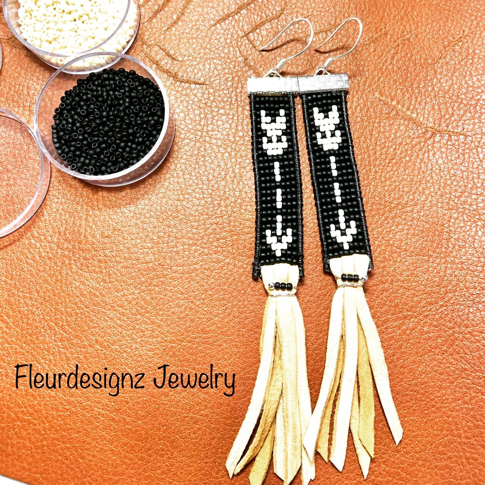 Native American Inspired Beaded Leather Earrings; Sitting Bull