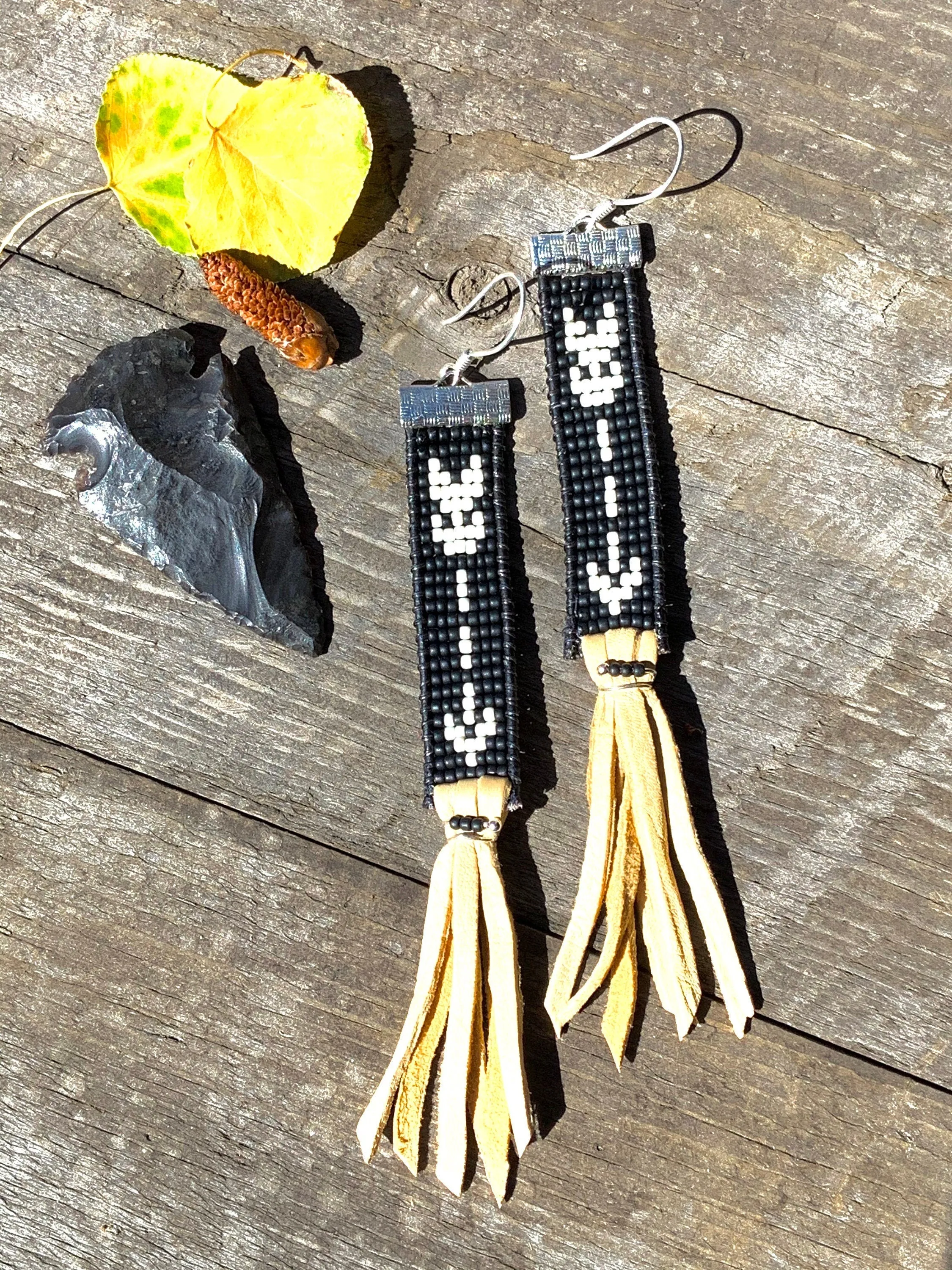 Native American Inspired Beaded Leather Earrings; Sitting Bull