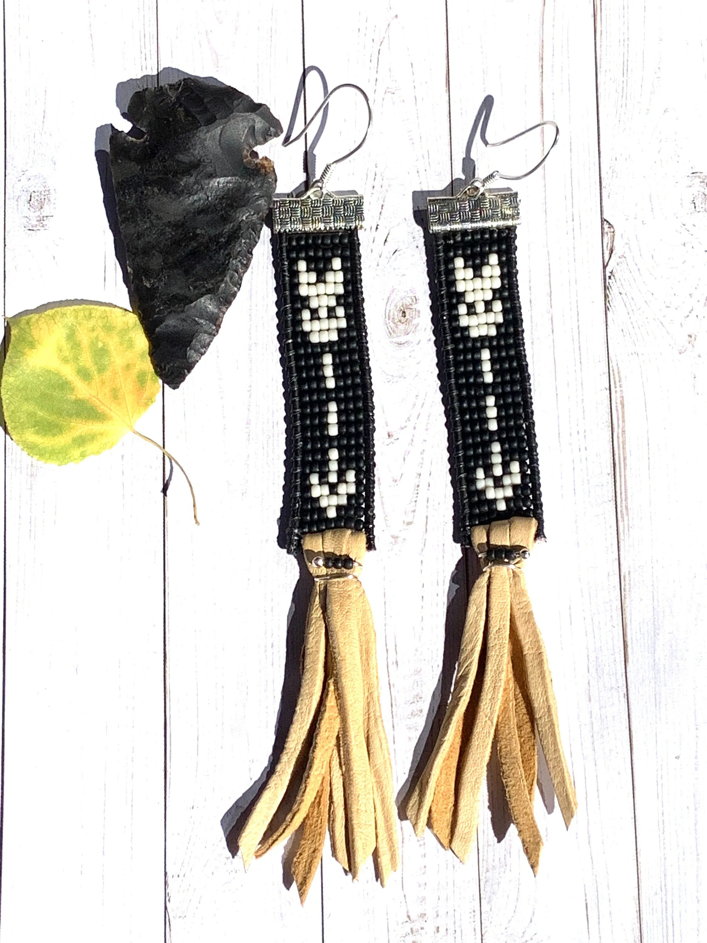 Native American Inspired Beaded Leather Earrings; Sitting Bull