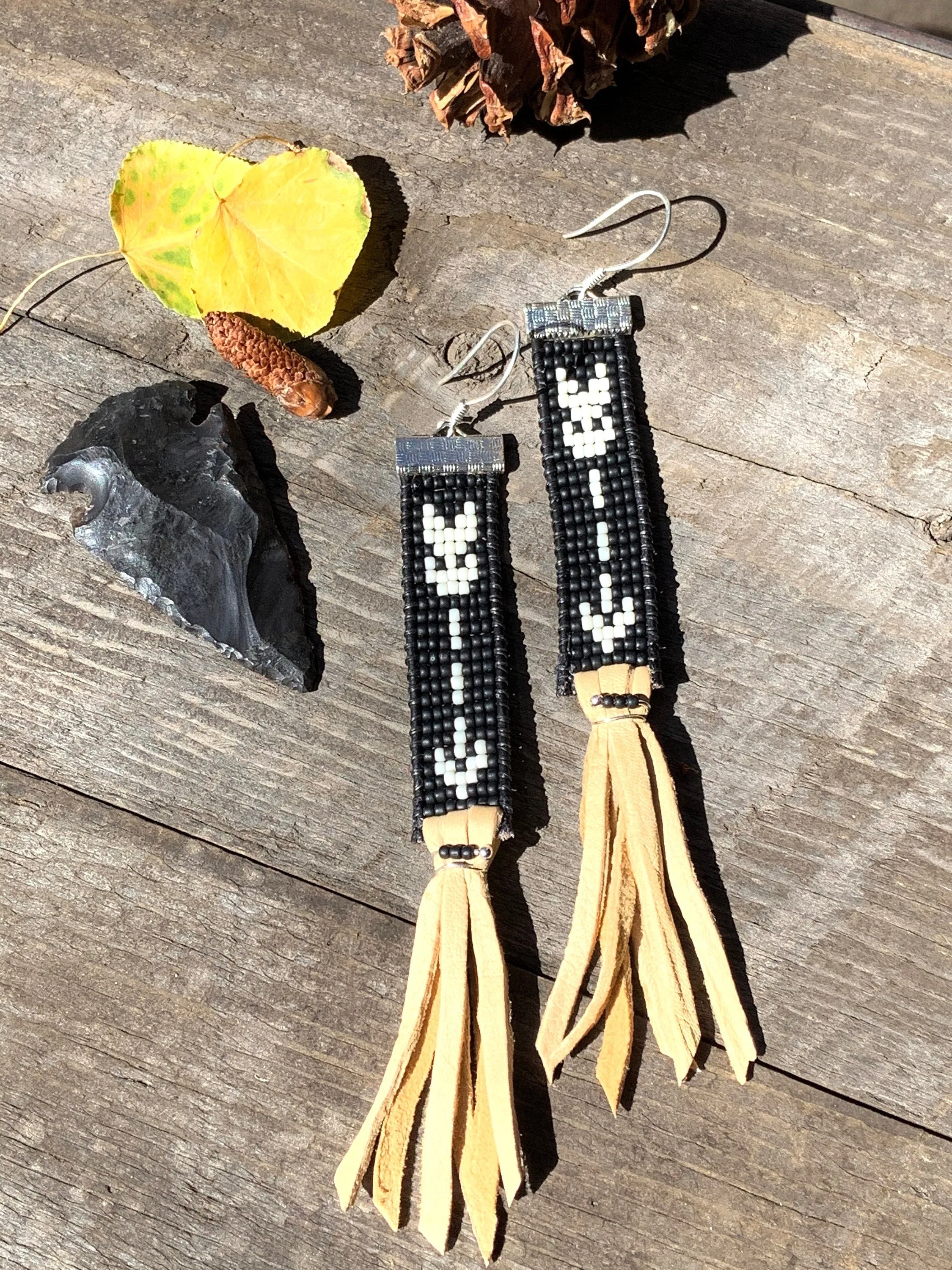 Native American Inspired Beaded Leather Earrings; Sitting Bull