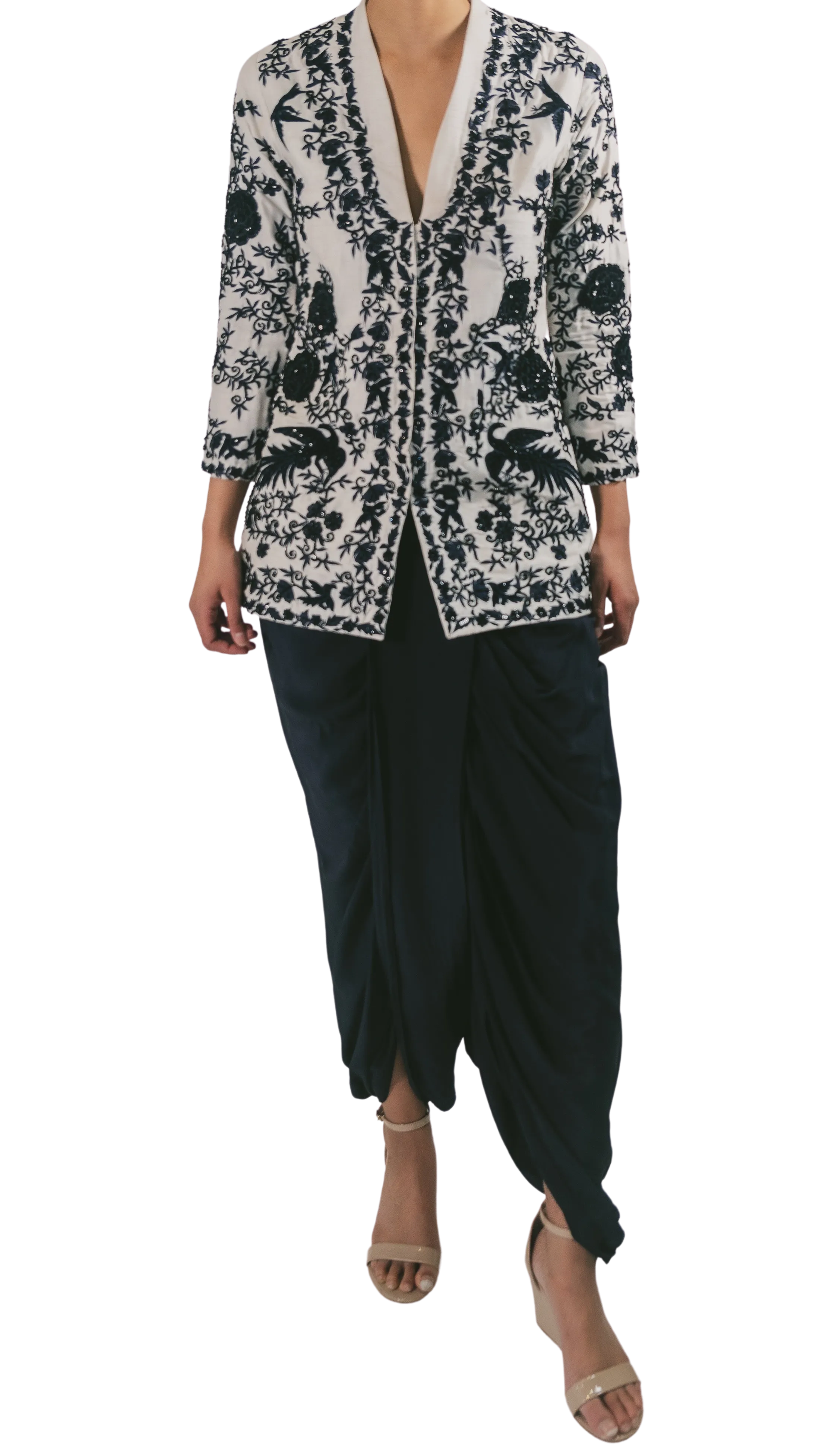 Navy Floral Embroidered Jacket with Navy Dhoti Pants