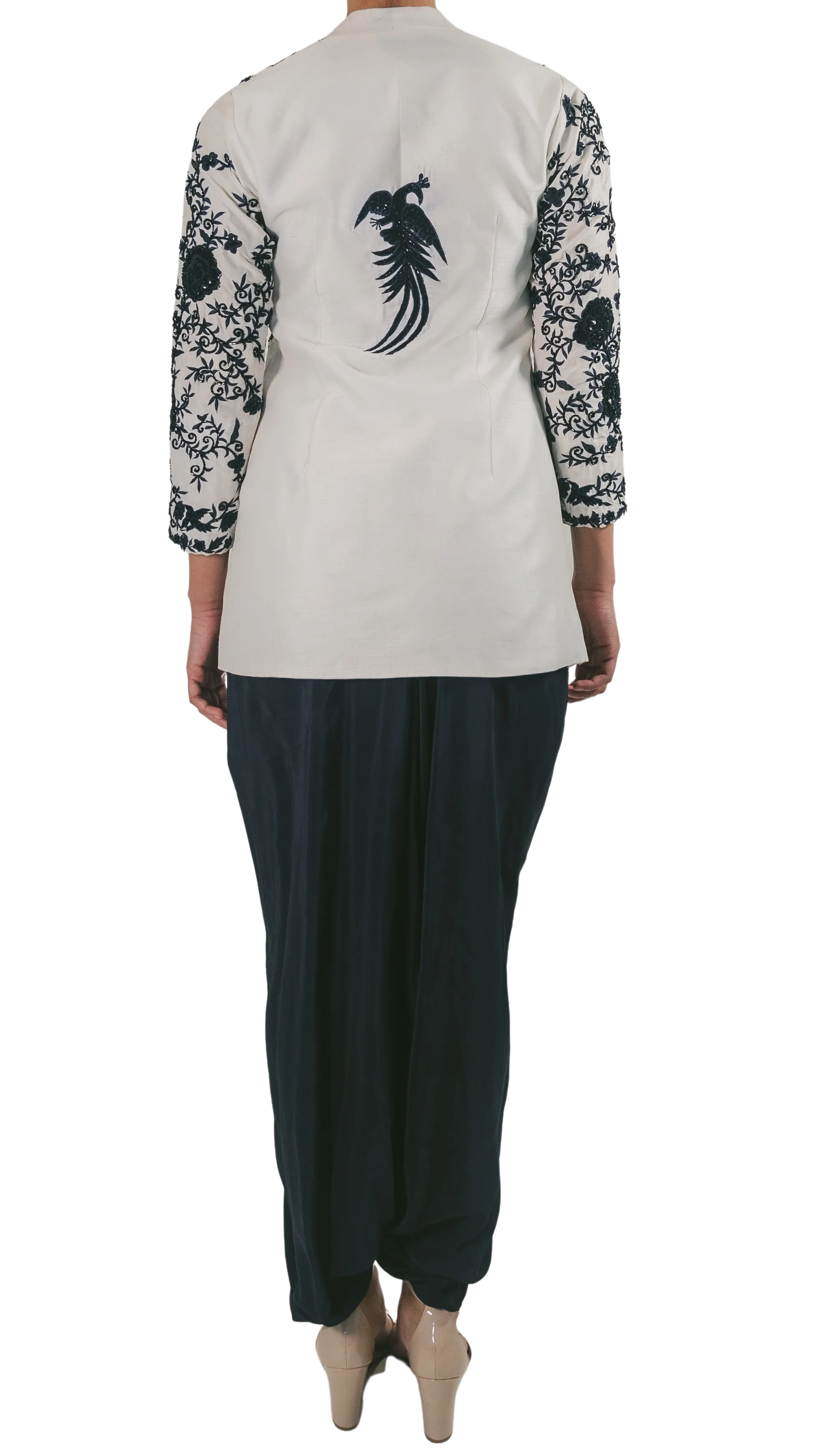 Navy Floral Embroidered Jacket with Navy Dhoti Pants