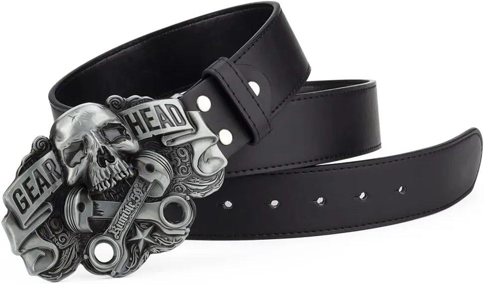NEW GEAR HEAD Buckle Leather Belt for Men Cowboys Clothing Accessories Fashion (Black, 120cm) fits 30-34" waist