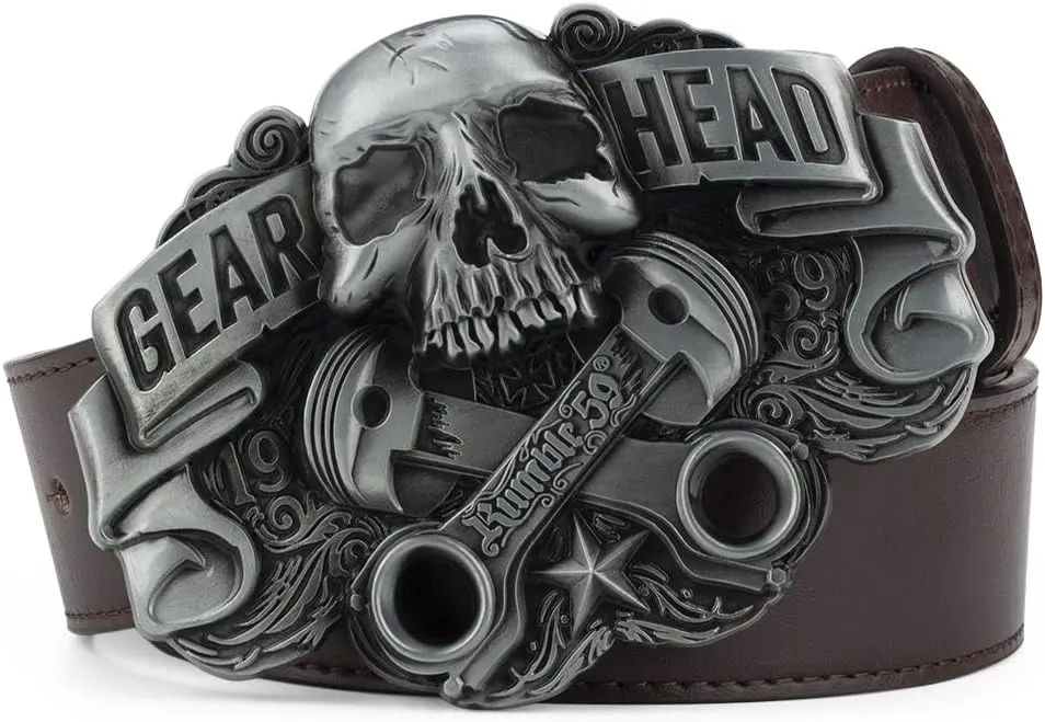 NEW GEAR HEAD Buckle Leather Belt for Men Cowboys Clothing Accessories Fashion (Black, 120cm) fits 30-34" waist