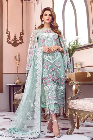 Pakistani designer embroidered net outfit in green color # P2338