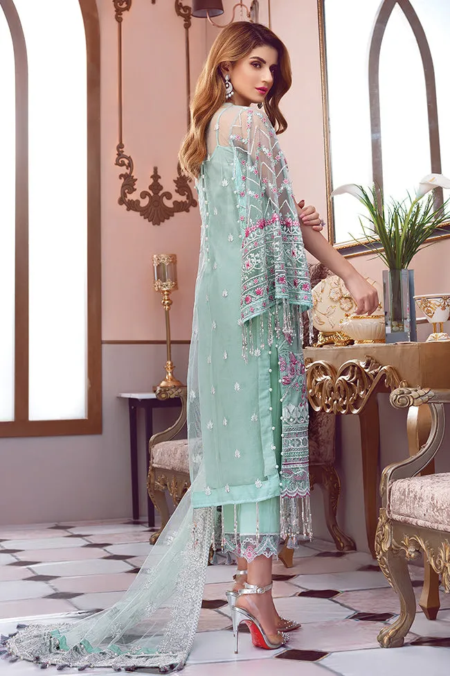 Pakistani designer embroidered net outfit in green color # P2338