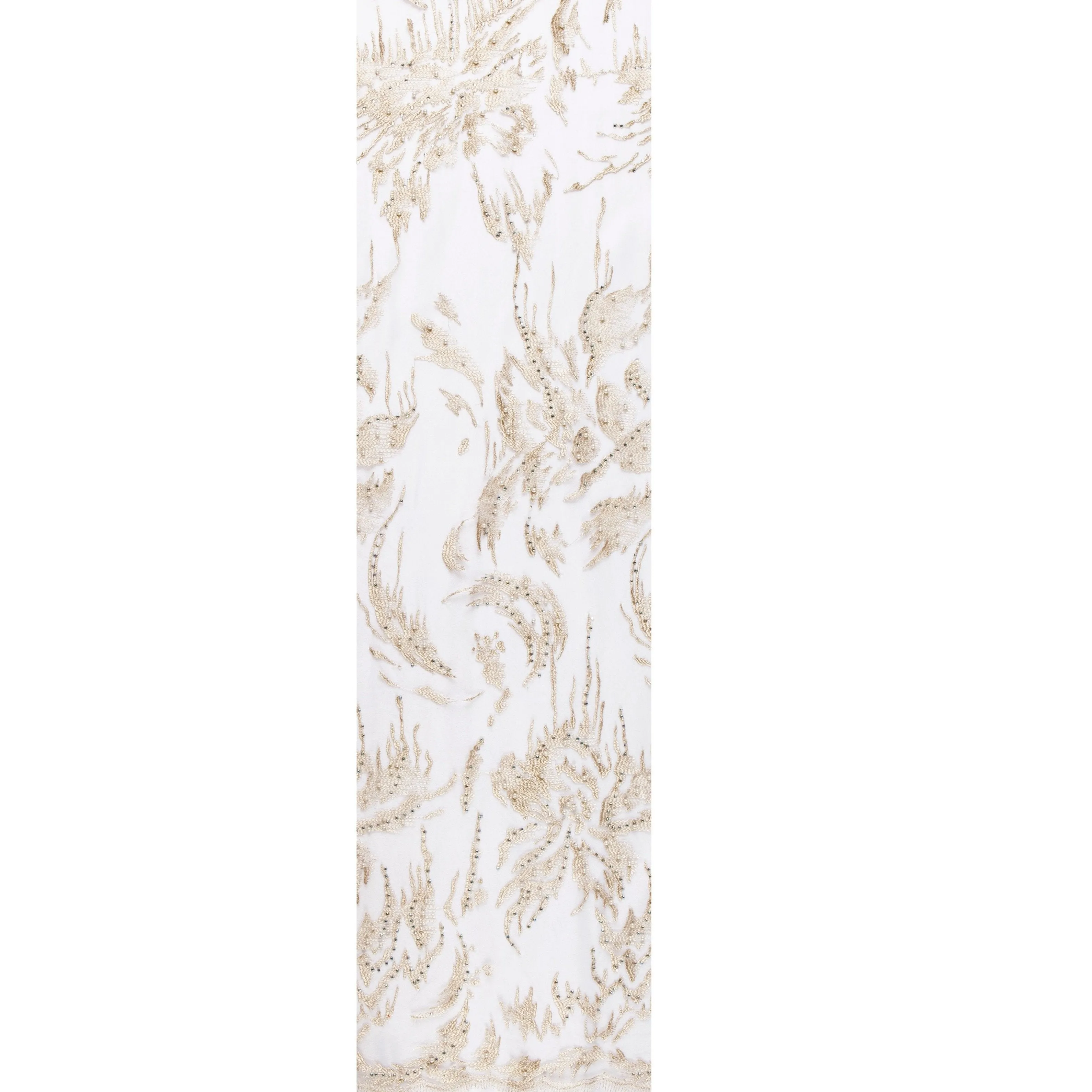 Pearl Beaded Thread Embroidery Fabric with Golden Flower Design