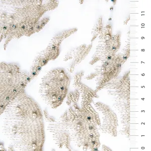Pearl Beaded Thread Embroidery Fabric with Golden Flower Design