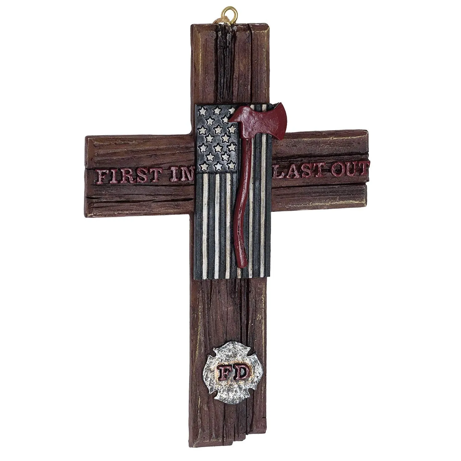 Pine Ridge Fireman Wall Cross - Cross Decor For Wall, American Flag Inspirational Cross, First In Last Out Cross, 4 X 6 Inches