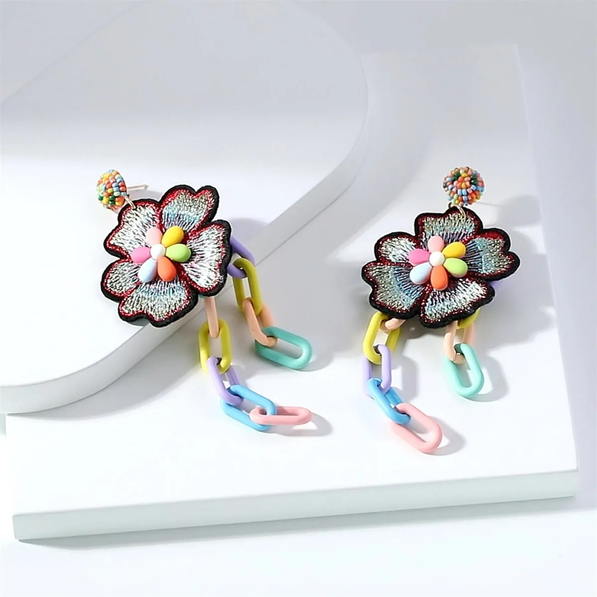 Pink & Green Cable-Chain Flower Tassel Drop Earrings