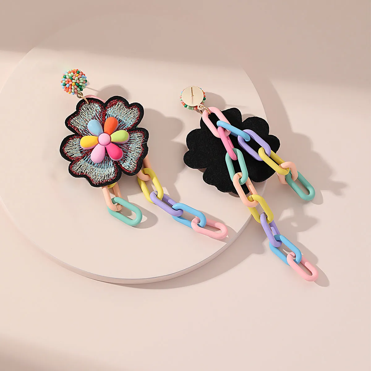 Pink & Green Cable-Chain Flower Tassel Drop Earrings