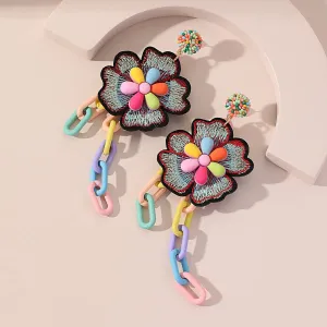 Pink & Green Cable-Chain Flower Tassel Drop Earrings