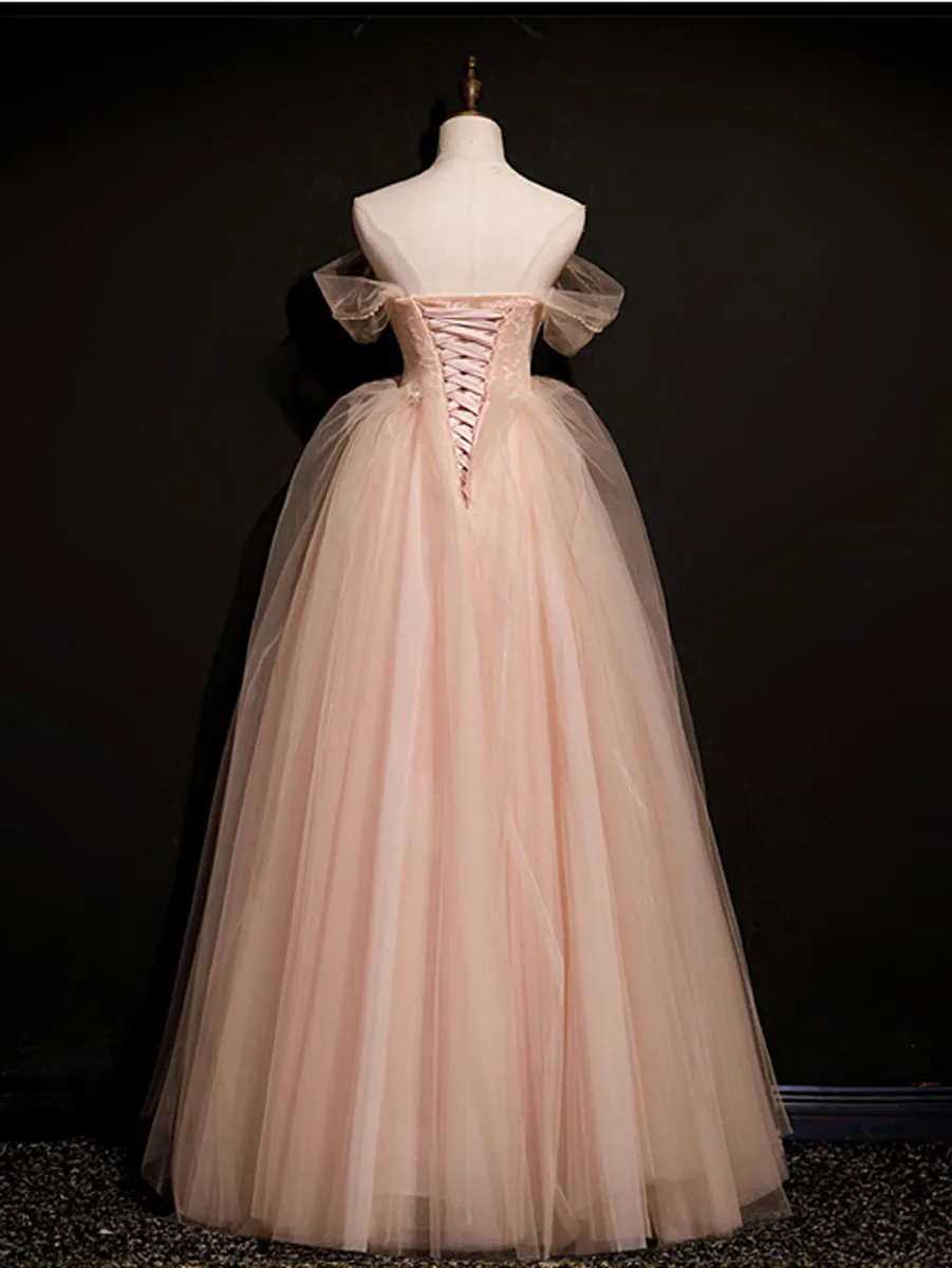 Pink  off shoulder long prom dress, pink tulle formal evening dress