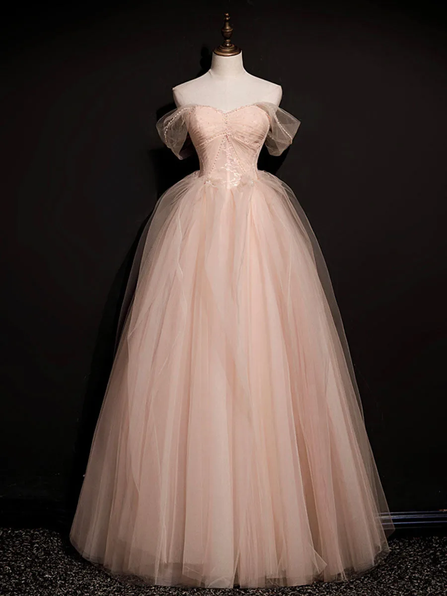 Pink  off shoulder long prom dress, pink tulle formal evening dress