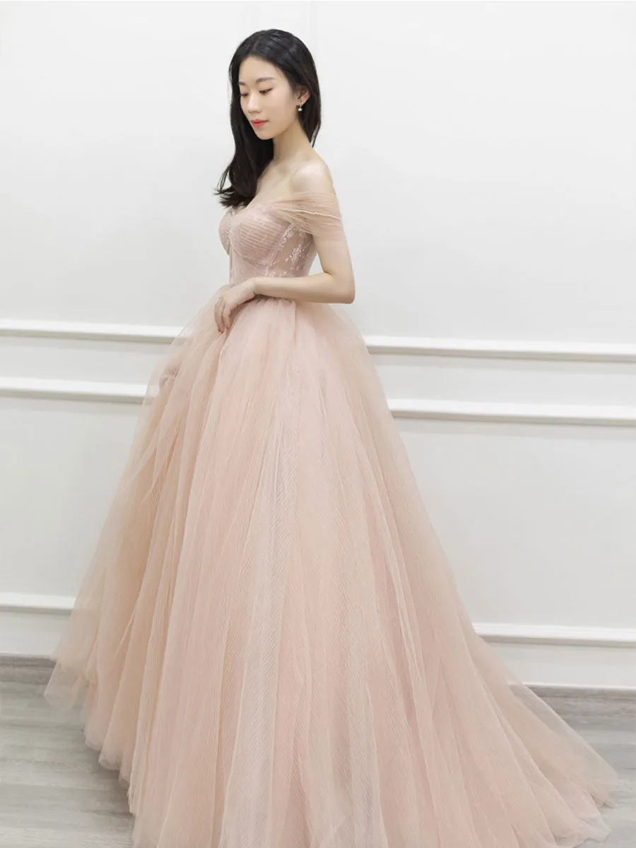 Pink  off shoulder long prom dress, pink tulle formal evening dress