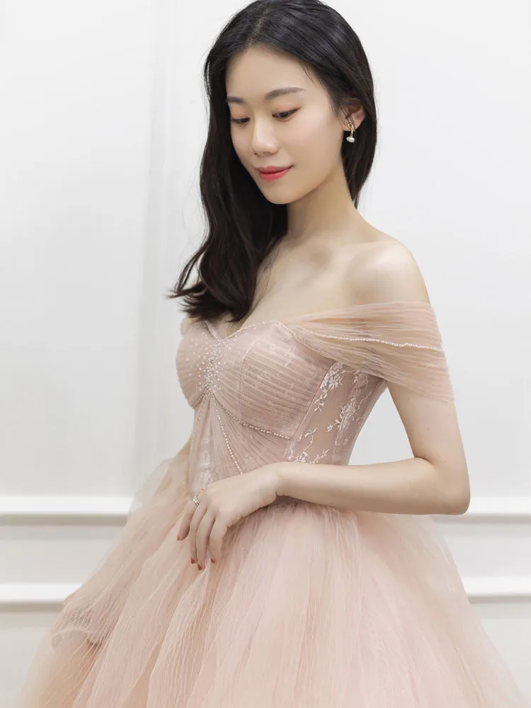 Pink  off shoulder long prom dress, pink tulle formal evening dress