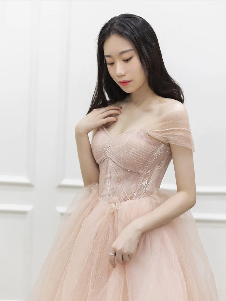 Pink  off shoulder long prom dress, pink tulle formal evening dress