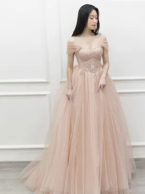 Pink  off shoulder long prom dress, pink tulle formal evening dress