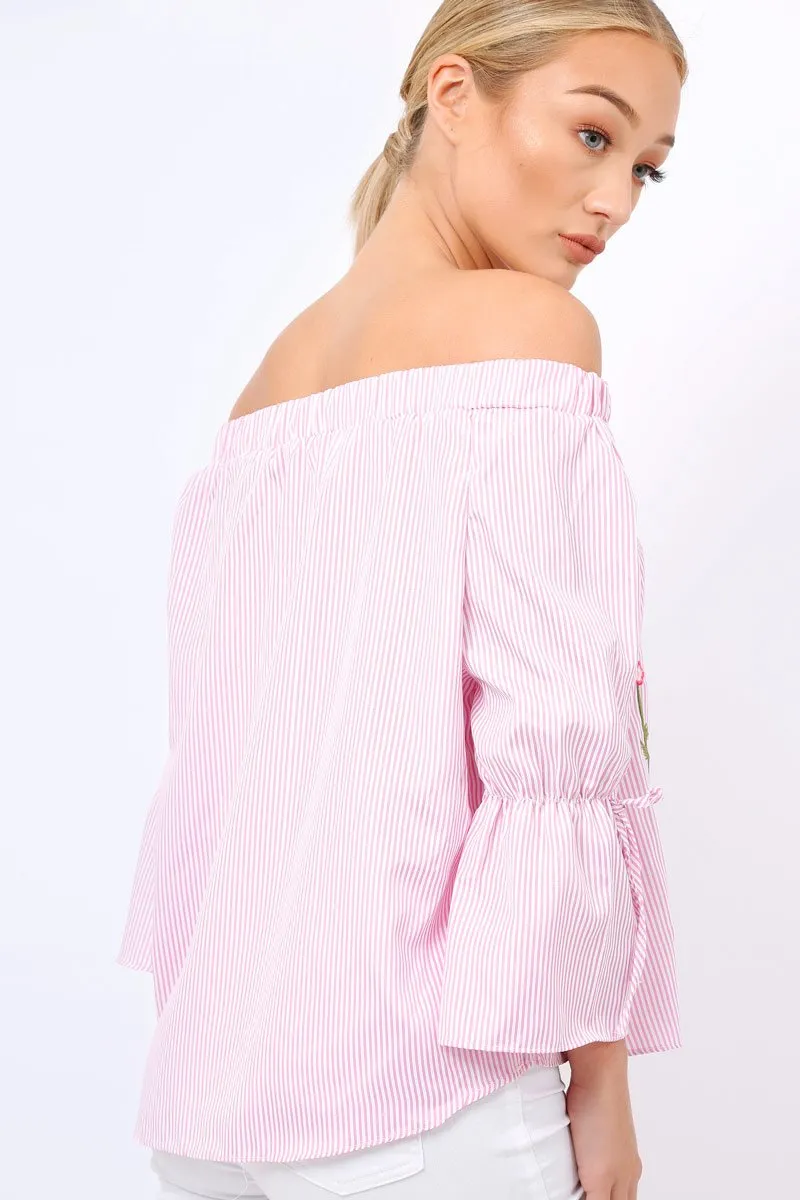 Pink Stripe Floral Embroidered Off Shoulder Top - CeCe