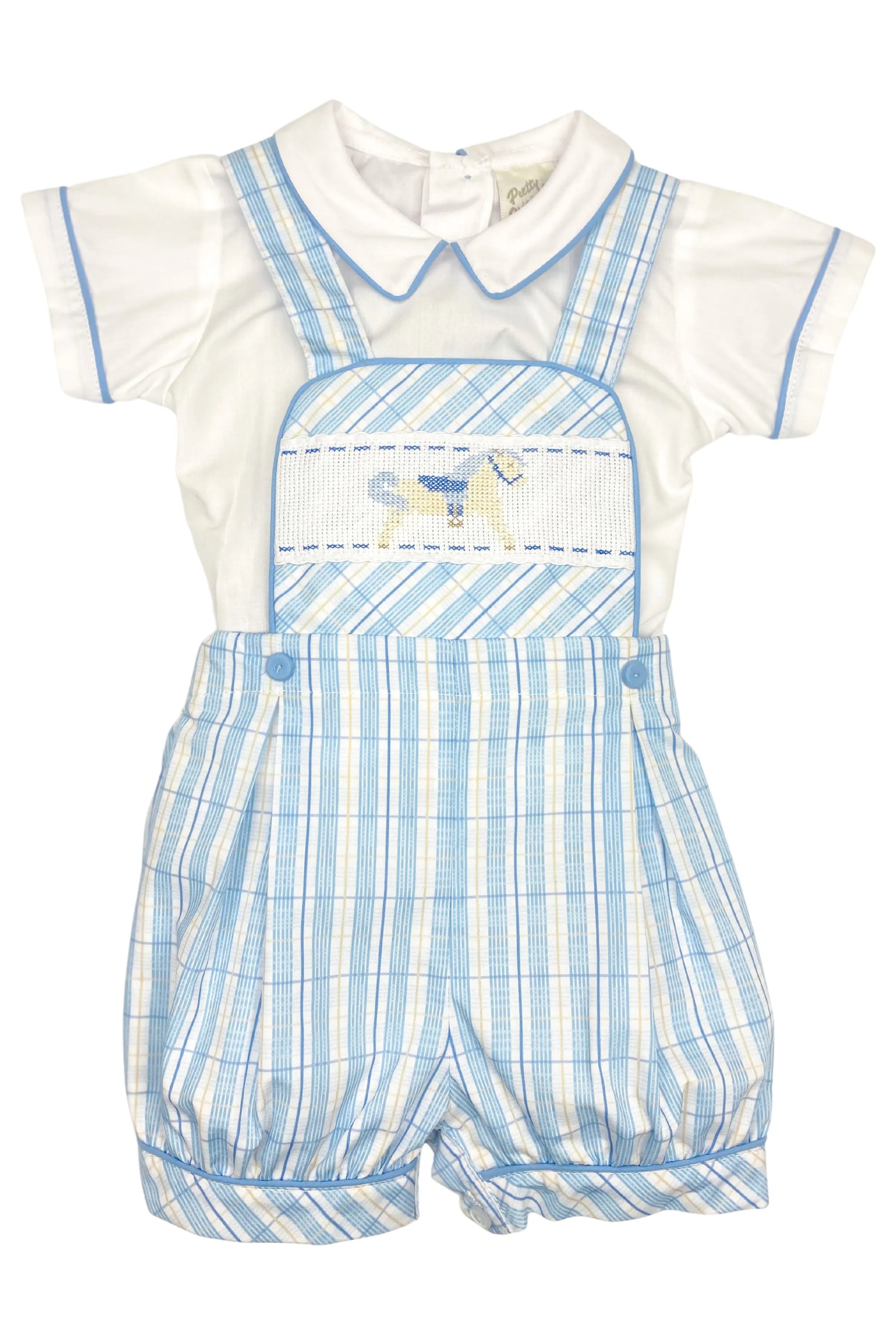 "Ralph" Blue Check Rocking Horse Dungaree Set