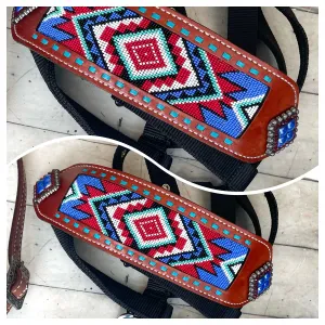 Red White Periwinkle Beaded Inset, Buckstitch Bronc Halter
