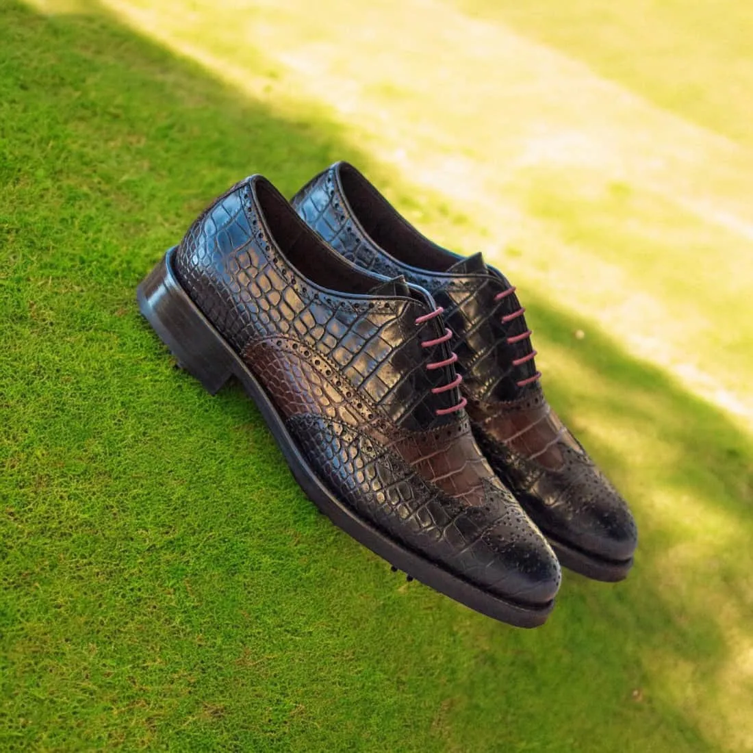 Richelieu de golf en cuir croco noir et marron foncé