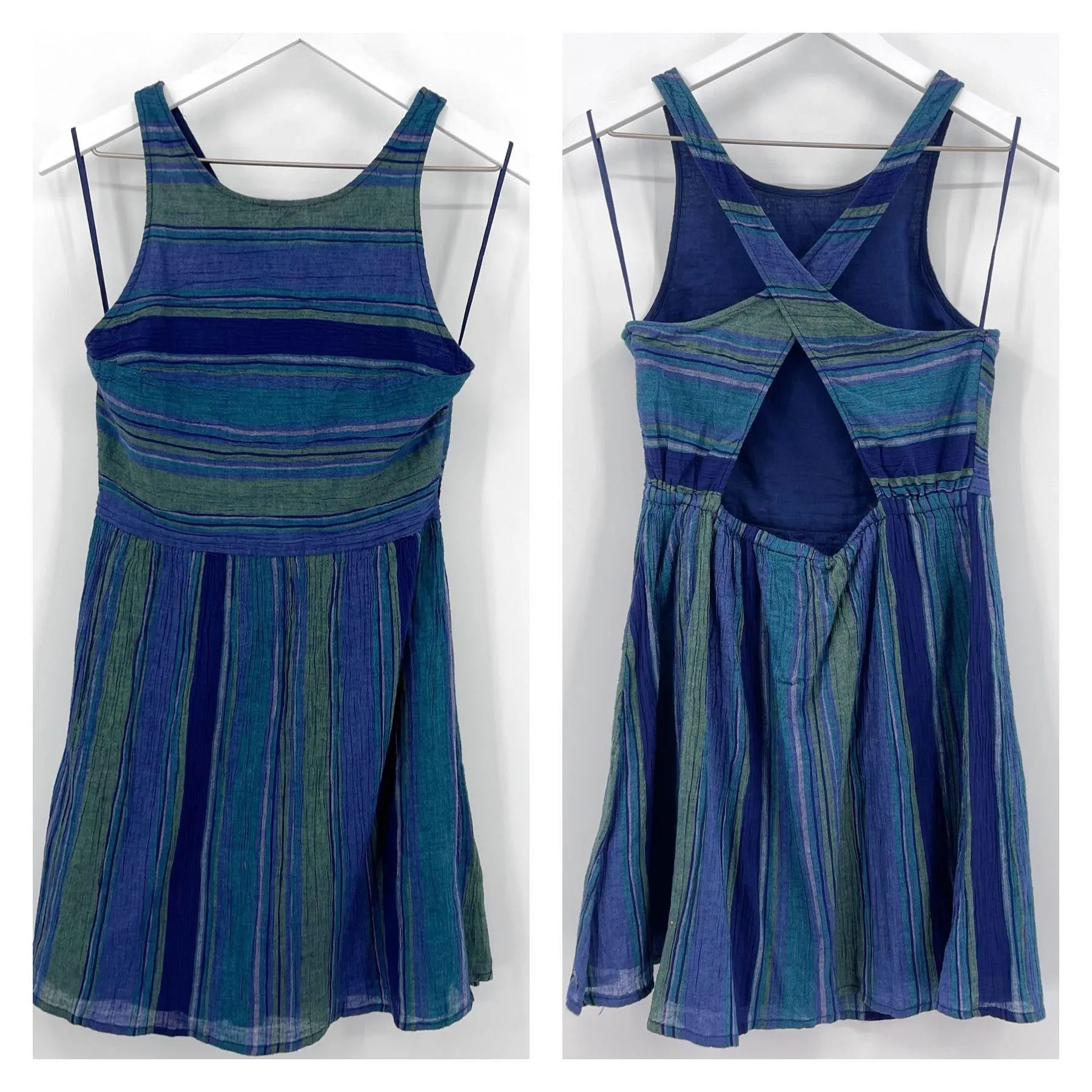 Roxy Blue Green Long View Striped Cross Back Dress