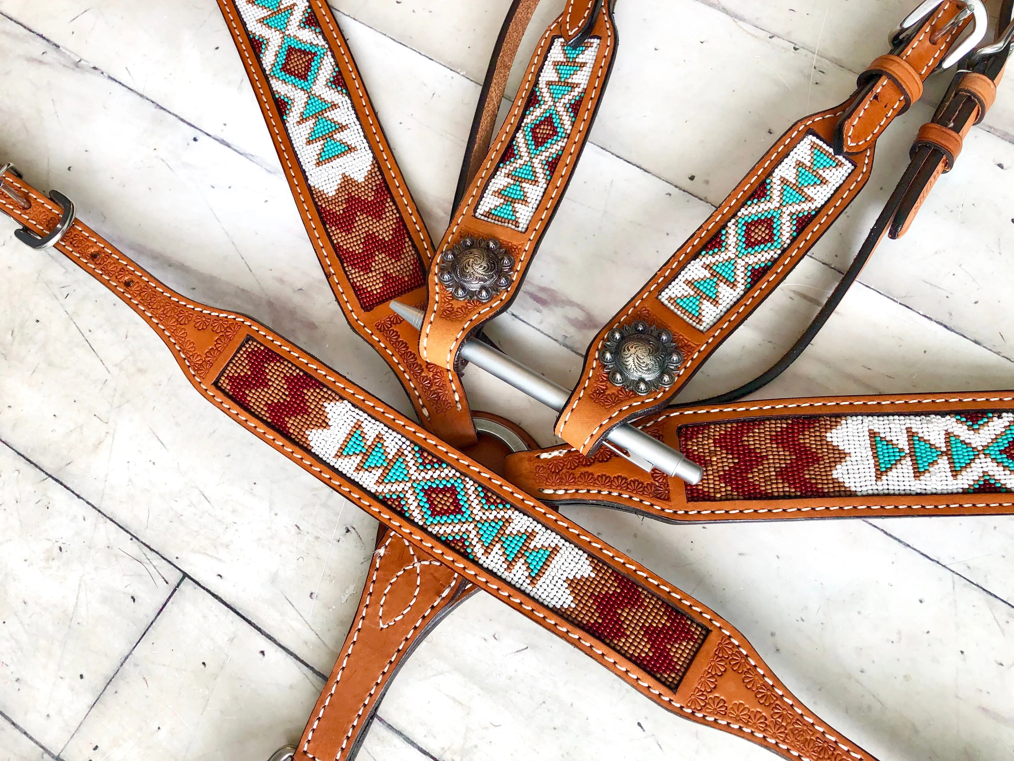 SALE!! White, Teal, Burgundy and Brown Beaded Tack Set